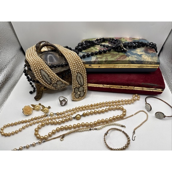 Estate Jewelry - Estate Jewelry Lot Pearl Necklaces, Jewelry Boxes, Earrings, Bracelet
